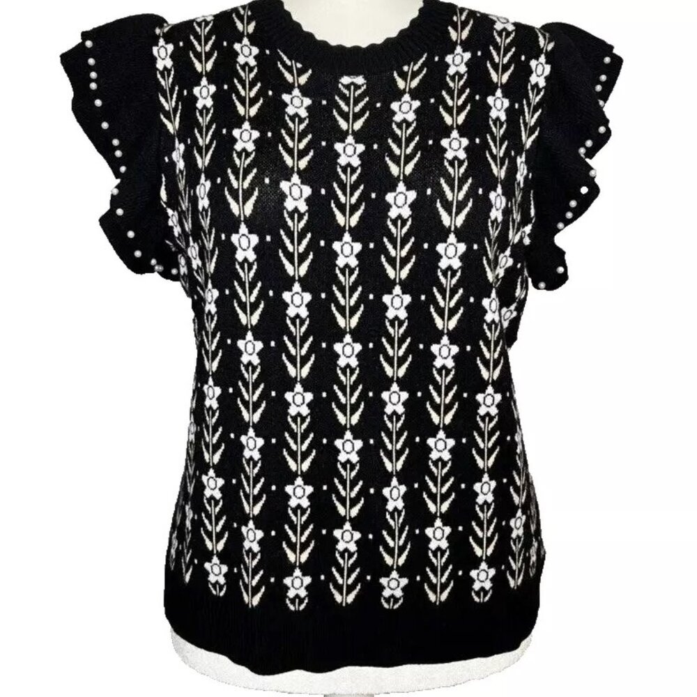 On Twelfth Women Blouse Knit Top Floral Pearl Flutter Sleeve Fairy Whimsigoth XL